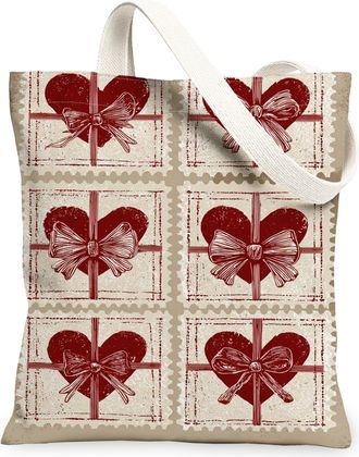 Generic ValentineS Hearts Canvas Tote Bags, Rustic Bow Pattern Reusable Bags, Lightweight Washable Shoulder Strap for Travel Beach, Beige, 13x15 Inch