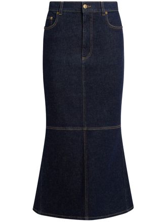 Moschino Blue Fitted Denim Midi Skirt With Hearts