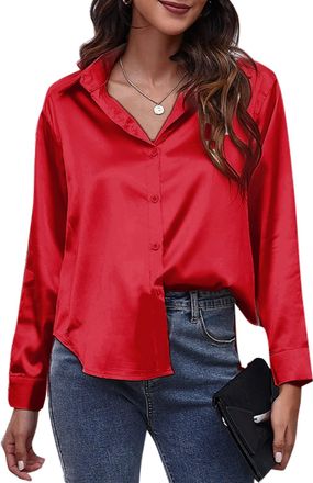 Feoya Satin Blouse for Women UK Long Sleeve Womens Silk Shirts Lapel V Neck Shirt Buton Down Tops Loose Fit Casual Bussiness Shirt Plain Collared Formal Shi