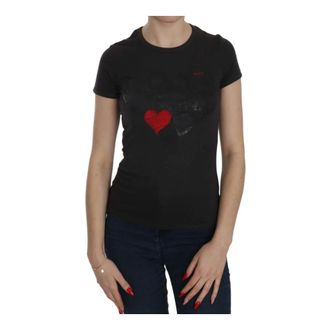 Exte T-Shirts, female, Black, S, Black Hearts Print Crew Neck Blouse