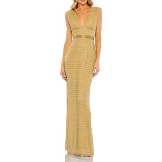 Mac Duggal Beaded Cap Sleeve V Neck Column Gown in Gold at Nordstrom, Size 10