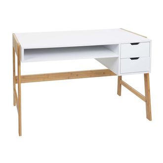 Hhg Hhg - Nunca Usado] Escritorio 671, Mesa De Oficina Escritorio De Ordenador Mesa De Trabajo, Caj&oacute;n, Bamb&uacute; 76x115x58cm, Blanco