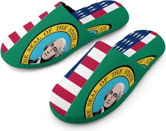 Generic Flag of U.S. And Washington Mens Flannel Slipper Soft Comfy House Shoes Non Slip Winter Warm Indoor Outdoor Slippers