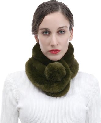 Lina & Lily Unisex Faux Fur Winter Collar Neck Scarf with Pom Pom Soft Fluffy (Army Green)