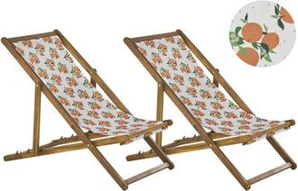 Beliani Beliani - Set of 2 Folding Deck Chairs Sun Loungers Light Acacia / Oranges Pattern Anzio
