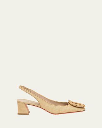 Santoni 50mm Lemon Raffia and Leather Slingback Pumps
