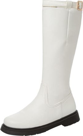 Generic Ladies Fashion Solid Color Leather Belt Buckle Decorative Side Zipper Flat Bottom Long Boots Knee High Boots for Women Size 11 (White, 5.5)