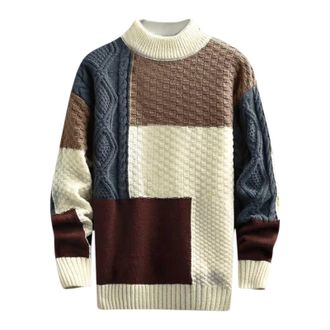 Generic Mens Sweatshirts No Hood Male Fall And Winter Casual Patchwork Color Sweater Retro College Style Lazy Wind Patchwork Color Long Sleeved Casual Sweater