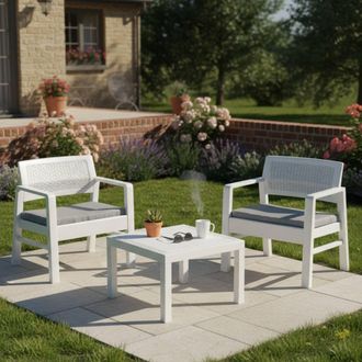 Dmora Set De Sal&oacute;n Exterior Floritan, Conjunto Outdoor 2 Plazas, Mesa Italiana, Blanco