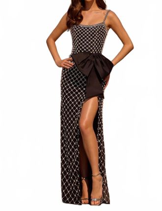 Sherri Hill Satin Beaded Formal Prom Dress With Bow In Black/ivory/silver