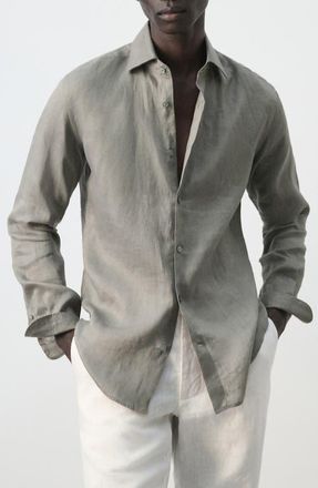Mango Slim Fit Linen Button-Up Shirt in Medium Brown at Nordstrom, Size X-Large