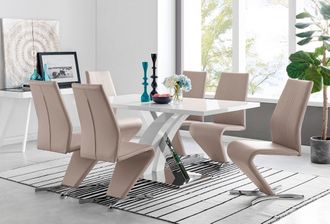 Furniturebox Atlanta Modern Rectangle Chrome Metal High Gloss White Dining Table & 6 Willow Chairs Set in Beige