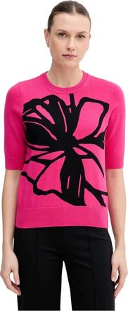 DKNY Gebreide trui met bloemenintarsia en korte mouwen - Dames - Ronde hals truien - Roze - M - Katoen - Truien & Vesten