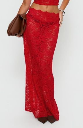 Princess Polly Vionna Sheer Floral Lace Maxi Skirt in Red at Nordstrom, Size 10