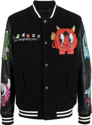 Philipp Plein patch-detail varsity jacket - men - Fabric/Polyester/Calf Leather/Polyester/Spandex/Elastane - M - Black