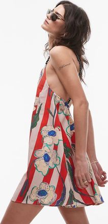 Topshop Vestito corto ampio a righe rosse e a fiori con spalline in perline-Multicolore