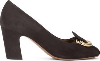 Ferragamo Womens Pumps Gancini Suede Dark Brown Goat Leather High Heel Shoes