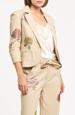 Cinq &agrave; Sept Beaded Floral Stretch Cotton Jacket in Khaki Multi at Nordstrom, Size 14