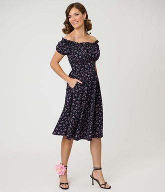 Unique Vintage 1950s Off The Shoulder Ruffle Swing Dress in Black W/Purple Floral Print at Nordstrom, Size X-Large