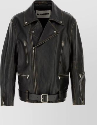 Jil Sander leather jacket featuring belted waist and zip pockets