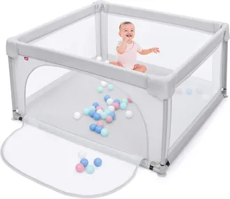 Costway Costway - Parque Para Ni&ntilde;os 120 X 120 X 68 Cm Valla De Seguridad Centro Actividad Port&aacute;til Con Cercas De Seguridad, Con 50 Pelotas (gris)