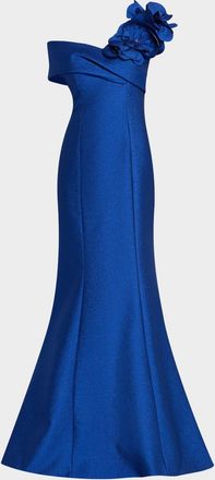 Teri Jon One-Shoulder Floral Applique Mermaid Gown