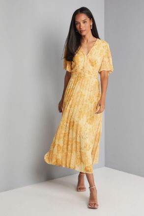 Wallis Womens Floral Chiffon Pleated Sleeve Midi Dress - Yellow - Size 14 UK