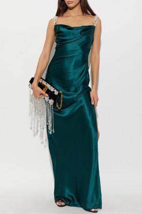 Balmain Silk Dress With Pearl Straps, Womens, Green