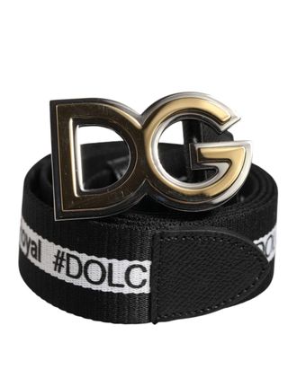 Dolce & Gabbana Black Cotton Metal DG Logo Gold Buckle Mens Belt