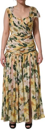 Dolce & Gabbana Yellow Silk Floral Print Pleated Maxi Womens Dress (Pre-Owned)