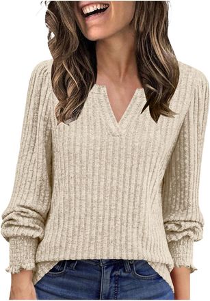 Generic Ladies V Neck Jumpers Long Sleeve Knit Pullover Tops Casual Winter Autumn Comfy Sweater Knitted Jumpers for Women UK Solid Plain Ribbed Knitwear Light