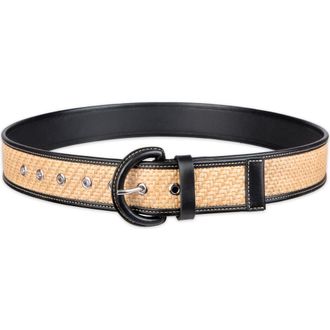 Cole Haan Leather Trim Raffia Belt in Black/Natural at Nordstrom, Size X-Large