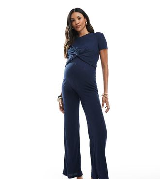 Mama Licious Mamalicious Maternity over the bump ribbed jersey wide leg pants in navy - part of a set