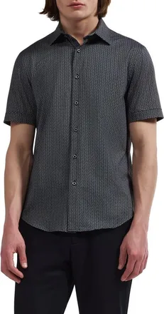 Bugatchi Miles OoohCotton Geometric Short Sleeve Button-Up Shirt in Black at Nordstrom, Size Xxx-Large