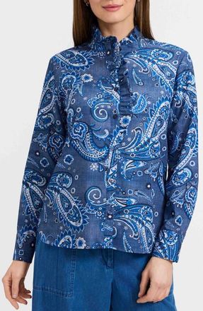 Foxcroft Sadie Paisley Ruffle Cotton Poplin Button-Up Shirt in Blue/Multi at Nordstrom, Size X-Small