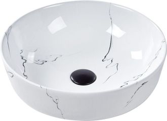 Beliani Lavabo Sobre Encimera Ba&ntilde;o Cer&aacute;mica Blanco Efecto M&aacute;rmol 42 X 42 Cm Hopi