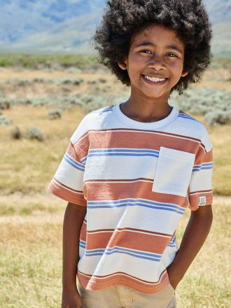 Vertbaudet Jungen T-Shirt mit Streifen und Brusttasche orange bedruckt