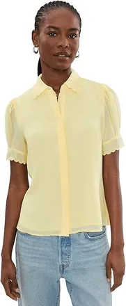 CeCe by Cynthia Steffe Short Sleeve Scalloped Collar Cuff Button-Up Blouse Womens Clothing Lemon Drop : XL, Polyester