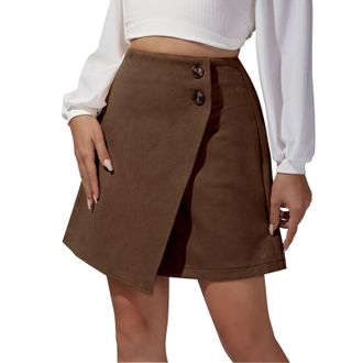 Generic Women Office High Waist Pencil Skirt - Corduroy Suede Button Bodycon Knee Length Work Daily Wear(1C-Brown, M)