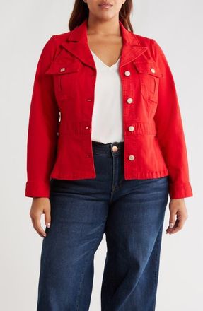 Liverpool Tab Detail Peplum Stretch Denim Jacket in Fire Brick at Nordstrom, Size 3X