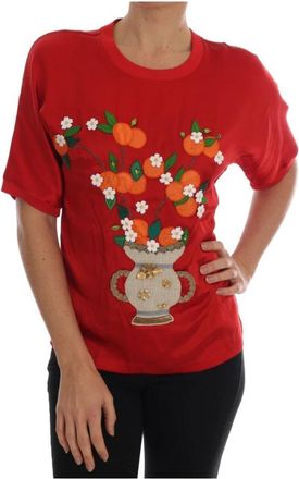 Dolce & Gabbana Red Silk Orange Vase Crystal Top - Dames - T-shirts - Rood - M - Katoen - Tops