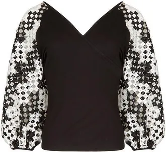 Anne Fontaine Womens Mirella Black V-Neck Top With Sheer Mesh Sleeves at Nordstrom, Size 38