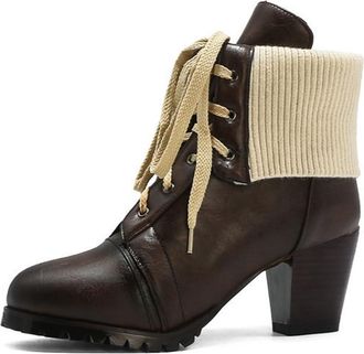 Generic Womens Fashion Patchwork Ankle Boots Lace Up Retro British Style Lace Up Oxfords Comfort Round Toe Block Heel Winter Chelsea (Brown,7.5)