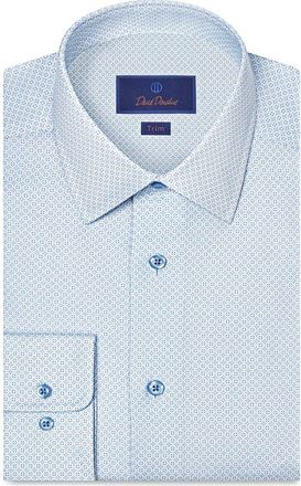 David Donahue Trim Fit Geometric Print Cotton Dress Shirt in White/Sky at Nordstrom, Size 17.5 - 36