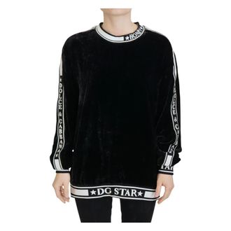 Dolce & Gabbana Hoodies & sweatvesten, Dames, Zwart, M, Zwarte Velvet Crewneck Pullover Sweater