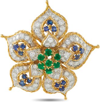 Luxury Bazaar Vintage 18K Yellow Gold 6.0ct Diamond, Emerald, and Sapphire Brooch MF02-061826