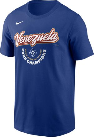 Nike Venezuela National Baseball Team 2026 World Baseball Classic Champions Arched Logo Nike Mens T-Shirt in Blue | N1994EWWBV-ZMJ
