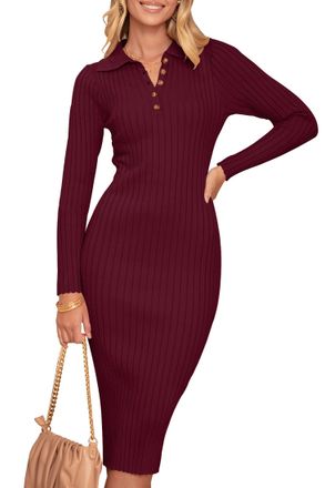 Merokeety Womens 2025 V Neck Ribbed Sweater Dress Long Sleeve Bodycon Knit Midi Dresses, Burgundy, XL