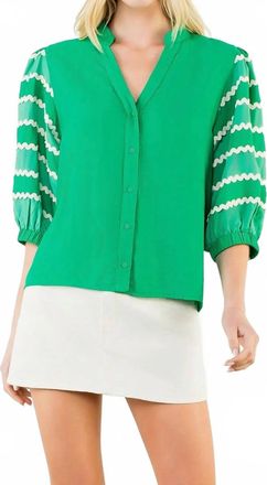 THML Clothing Embroidery Detail Puff Sleeve Button Down Top In Emerald