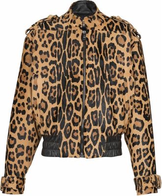 Balmain Lederen bomberjack in ponyskin-stijl met luipaardprint - Dames - Leren en Su&egrave;de Jassen - Bruin - 2XS - Leer - Jassen